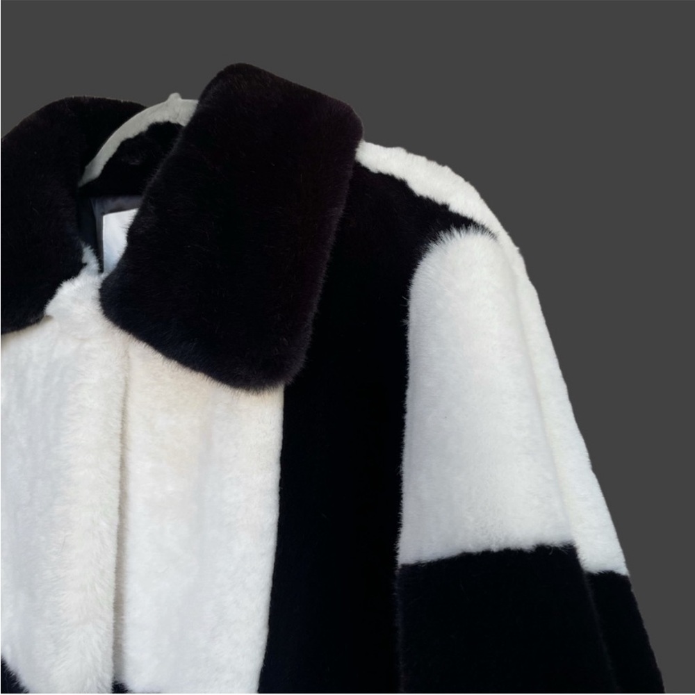 MANGO BLOGGER Black & White Checked Plush Faux Fur Coat Checkered Jacket Coat - Picture 12 of 17